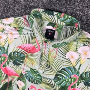 Swiss Alps Polo Shirt Mens Large Tropical Flamingo Floral AOP Green Short Sleeve